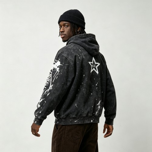 Washed Splatter Ink Screen Print Star Full Zip Hoodie | Speckle Paint Drip Graphic Effect | OEM Streetwear