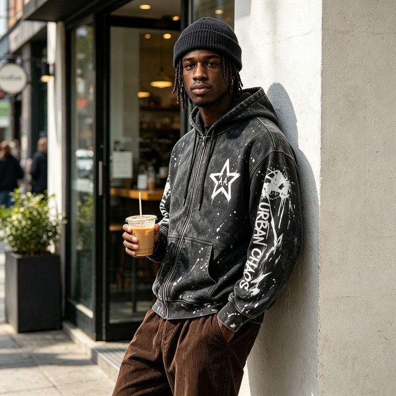 Washed Splatter Ink Screen Print Star Full Zip Hoodie