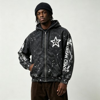 Washed Splatter Ink Screen Print Star Full Zip Hoodie | Speckle Paint Drip Graphic Effect | OEM Streetwear