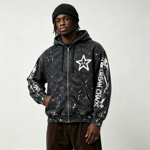 Washed Splatter Ink Screen Print Star Full Zip Hoodie | Speckle Paint Drip Graphic Effect | OEM Streetwear
