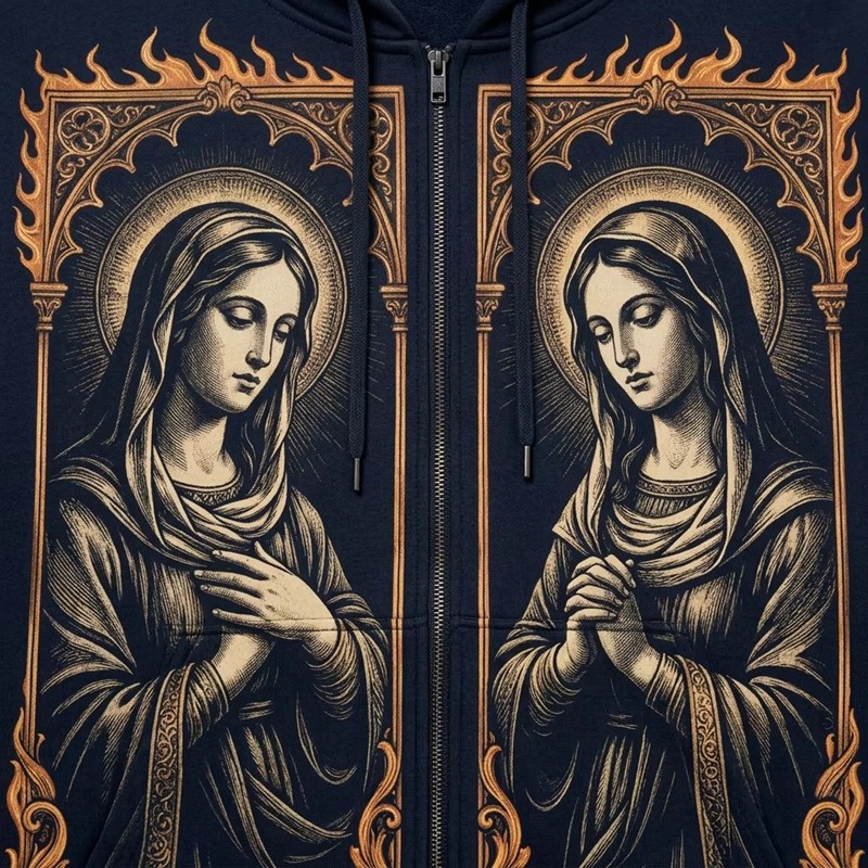 DTG Print Virgin Mary Gothic Frame Full Zip Hoodie