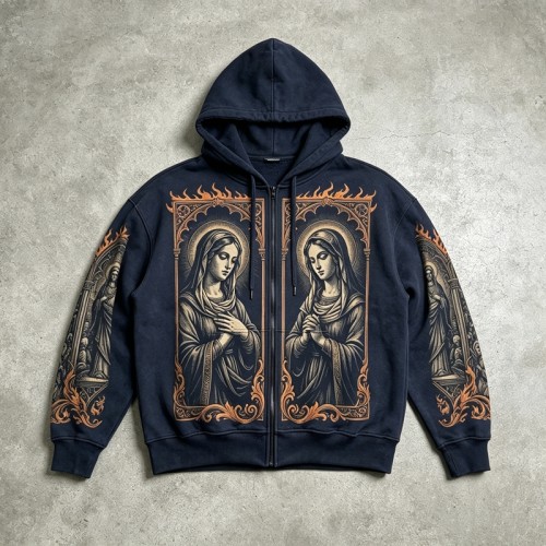 DTG Print Virgin Mary Gothic Frame Full Zip Hoodie | Vintage Retro Religious Graphic | Custom Streetwear