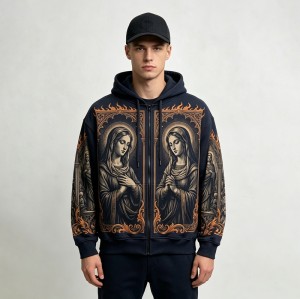 DTG Print Virgin Mary Gothic Frame Full Zip Hoodie | Vintage Retro Religious Graphic | Custom Streetwear