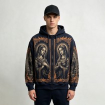 DTG Print Virgin Mary Gothic Frame Full Zip Hoodie | Vintage Retro Religious Graphic | Custom Streetwear