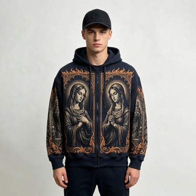 DTG Print Virgin Mary Gothic Frame Full Zip Hoodie | Vintage Retro Religious Graphic | Custom Streetwear