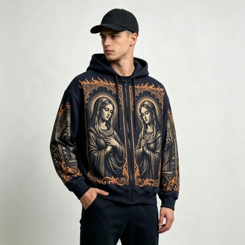 DTG Print Virgin Mary Gothic Frame Full Zip Hoodie | Vintage Retro Religious Graphic | Custom Streetwear