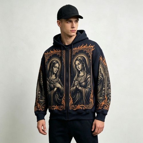 DTG Print Virgin Mary Gothic Frame Full Zip Hoodie | Vintage Retro Religious Graphic | Custom Streetwear