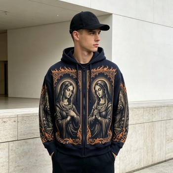 DTG Print Virgin Mary Gothic Frame Full Zip Hoodie | Vintage Retro Religious Graphic | Custom Streetwear