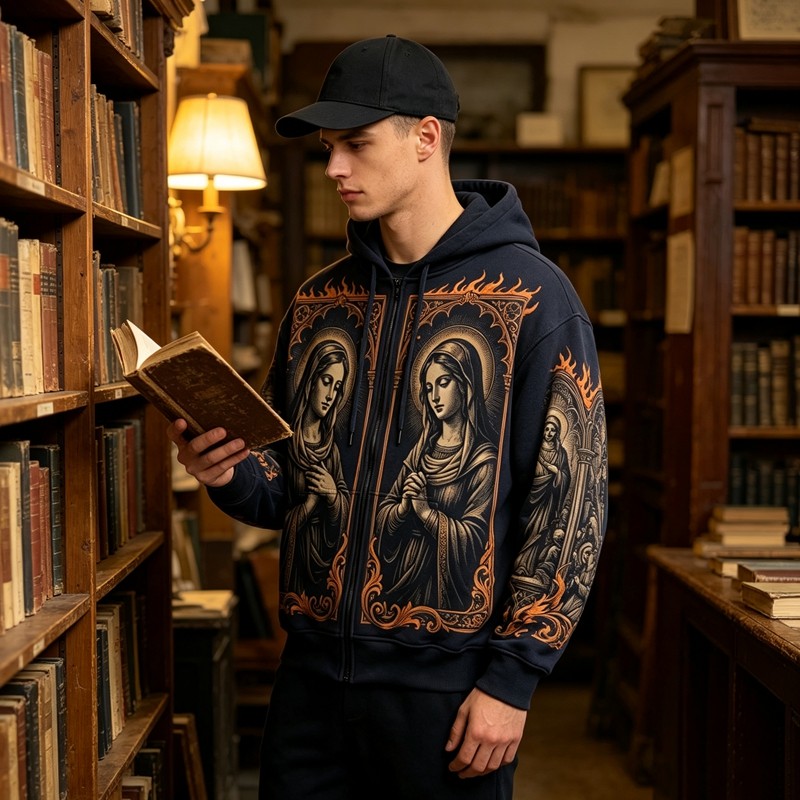 DTG Print Virgin Mary Gothic Frame Full Zip Hoodie