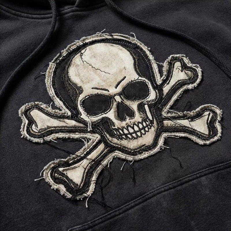 Washed Applique Skull Crossbone Hoodie
