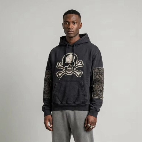Washed Applique Skull Crossbone Hoodie | Frayed Raw Edge Patch Detail | Streetwear Manufacturer
