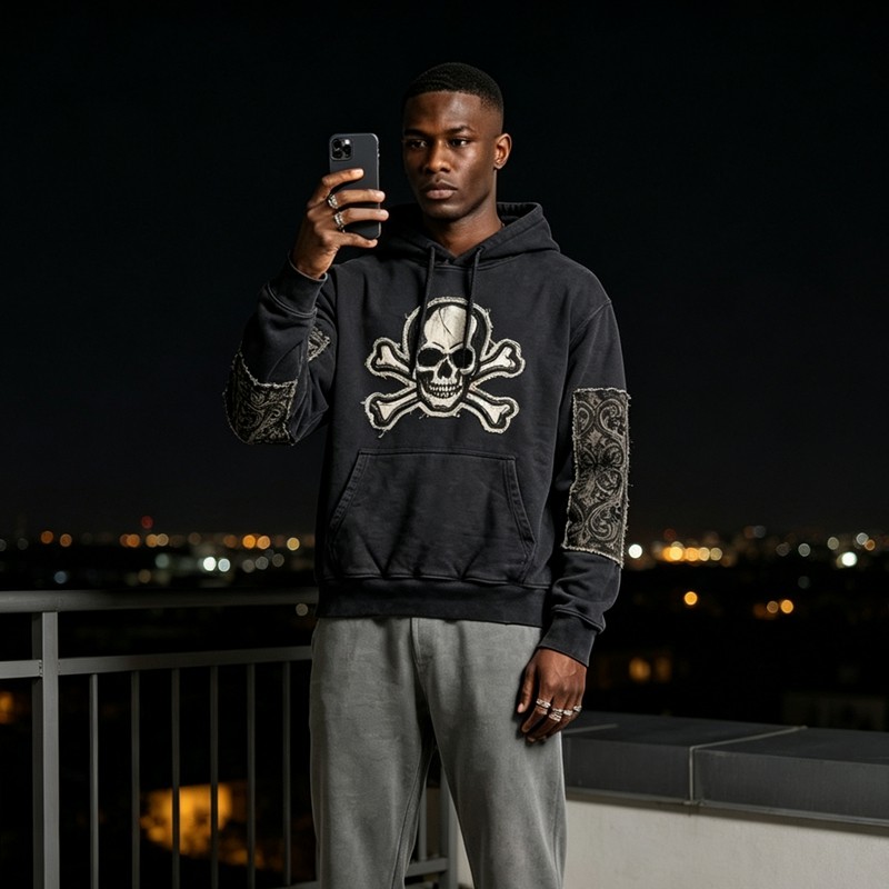 Washed Applique Skull Crossbone Hoodie
