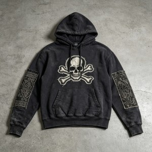 Washed Applique Skull Crossbone Hoodie | Frayed Raw Edge Patch Detail | Streetwear Manufacturer