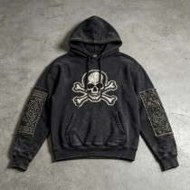 Washed Applique Skull Crossbone Hoodie | Frayed Raw Edge Patch Detail | Streetwear Manufacturer
