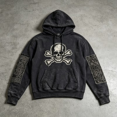 Washed Applique Skull Crossbone Hoodie | Frayed Raw Edge Patch Detail | Streetwear Manufacturer