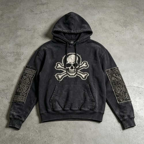 Washed Applique Skull Crossbone Hoodie | Frayed Raw Edge Patch Detail | Streetwear Manufacturer