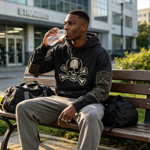 Washed Applique Skull Crossbone Hoodie | Frayed Raw Edge Patch Detail | Streetwear Manufacturer