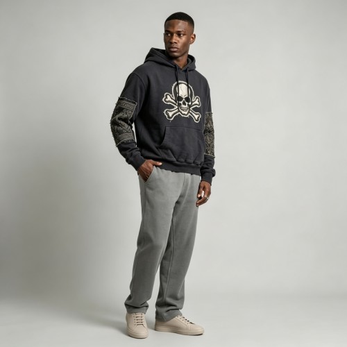 Washed Applique Skull Crossbone Hoodie | Frayed Raw Edge Patch Detail | Streetwear Manufacturer