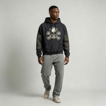 Washed Applique Skull Crossbone Hoodie | Frayed Raw Edge Patch Detail | Streetwear Manufacturer