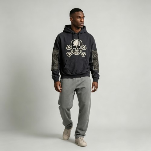 Washed Applique Skull Crossbone Hoodie | Frayed Raw Edge Patch Detail | Streetwear Manufacturer