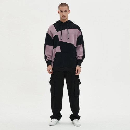 Custom Men's Irregular Color-Block Patchwork Hoodie 100% Cotton