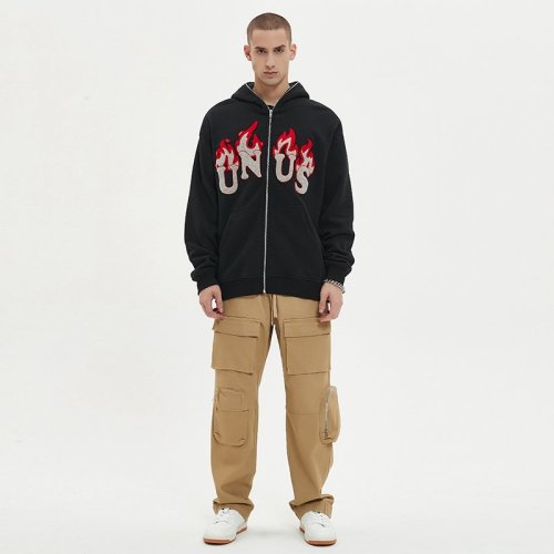 Custom Men's Flame Towel Embroidery Zip Hoodie Cotton Blend