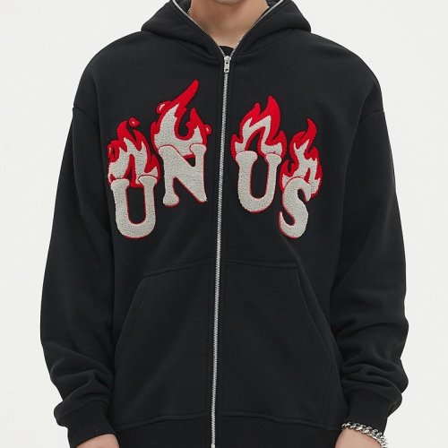 Custom Men's Flame Towel Embroidery Zip Hoodie Cotton Blend