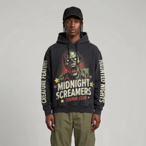 Washed DTG Print Zombie Hoodie | Vintage Washed Distressed | Heavy Cotton Oversize | Custom Streetwear