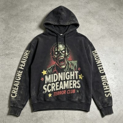 Washed DTG Print Zombie Hoodie | Vintage Washed Distressed | Heavy Cotton Oversize | Custom Streetwear