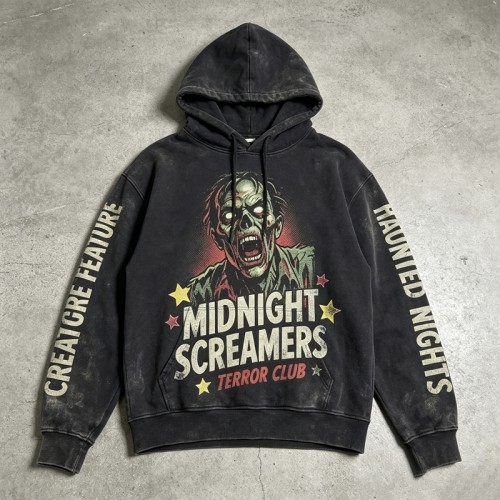 Washed DTG Print Zombie Hoodie | Vintage Washed Distressed | Heavy Cotton Oversize | Custom Streetwear