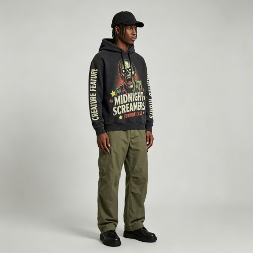 Washed DTG Print Zombie Hoodie | Vintage Washed Distressed | Heavy Cotton Oversize | Custom Streetwear