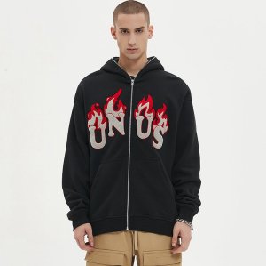 Custom Men's Flame Towel Embroidery Zip Hoodie Cotton Blend