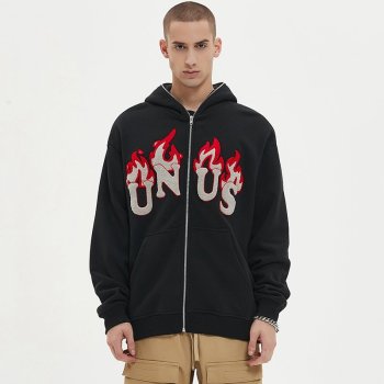 Custom Men's Flame Towel Embroidery Zip Hoodie Cotton Blend