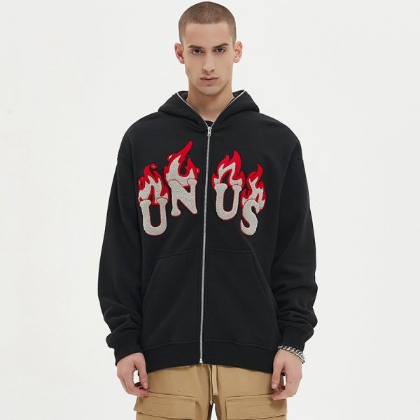 Custom Men's Flame Towel Embroidery Zip Hoodie Cotton Blend