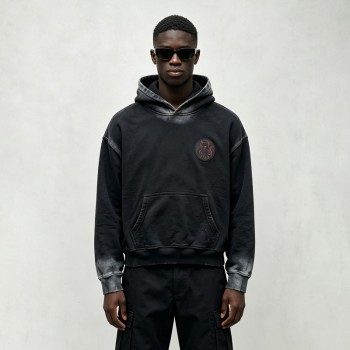 Spray Dye Gradient Washed Devil Applique Hoodie | French Terry Kangaroo Pocket Hoodie | Custom Streetwear