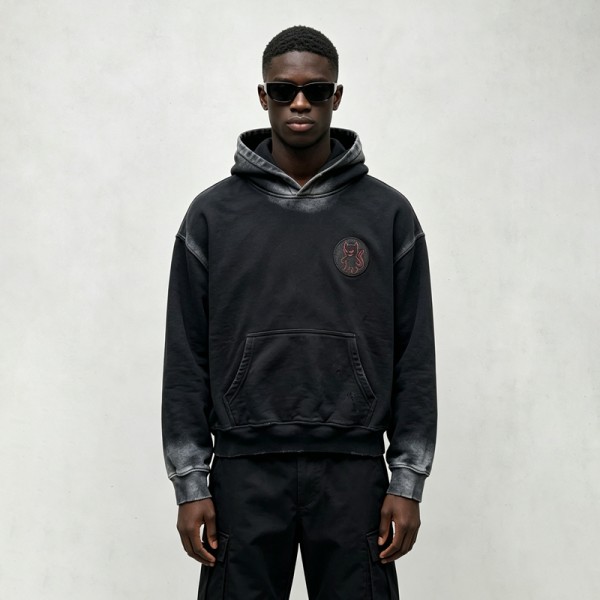Spray Dye Gradient Washed Devil Applique Hoodie | French Terry Kangaroo Pocket Hoodie | Custom Streetwear