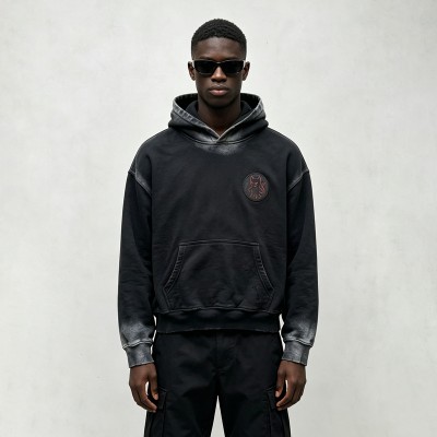 Spray Dye Gradient Washed Devil Applique Hoodie | French Terry Kangaroo Pocket Hoodie | Custom Streetwear