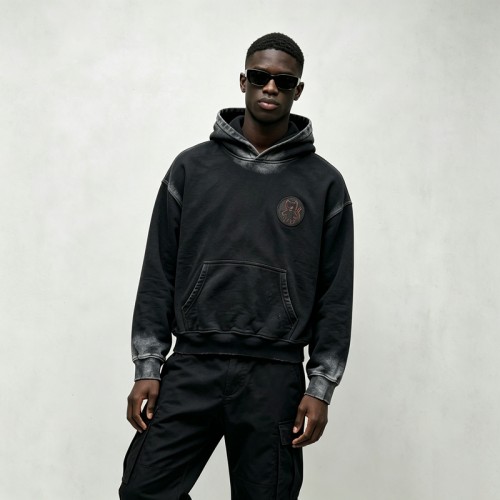 Spray Dye Gradient Washed Devil Applique Hoodie | French Terry Kangaroo Pocket Hoodie | Custom Streetwear