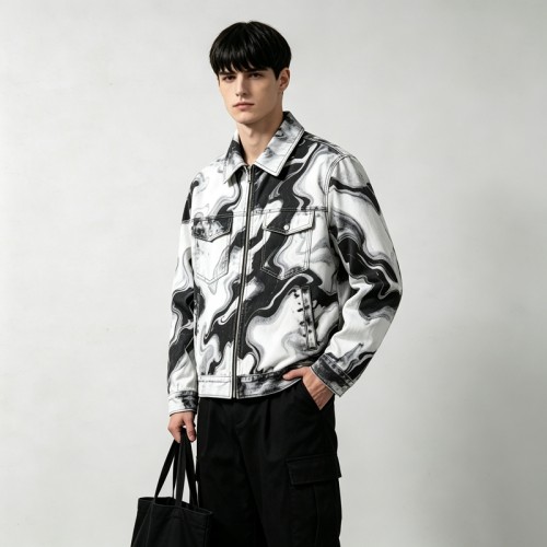 Marble Swirl All Over DTG Print Zip Up Canvas Jacket | 100% Heavyweight washed cotton twill | Streetwear Manufacturer