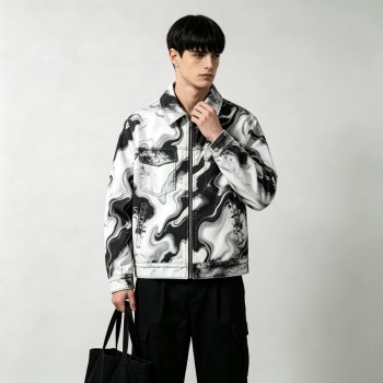 Marble Swirl All Over DTG Print Zip Up Canvas Jacket | 100% Heavyweight washed cotton twill | Streetwear Manufacturer