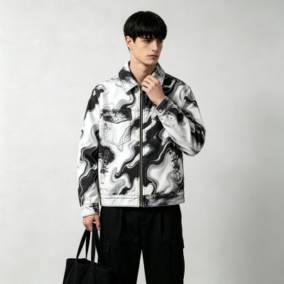 Marble Swirl All Over DTG Print Zip Up Canvas Jacket | 100% Heavyweight washed cotton twill | Streetwear Manufacturer