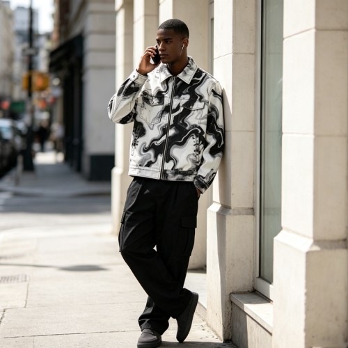 Marble Swirl All Over DTG Print Zip Up Canvas Jacket | 100% Heavyweight washed cotton twill | Streetwear Manufacturer