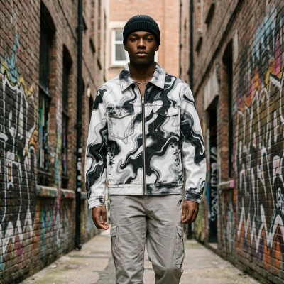 Marble Swirl All Over DTG Print Zip Up Canvas Jacket | 100% Heavyweight washed cotton twill | Streetwear Manufacturer