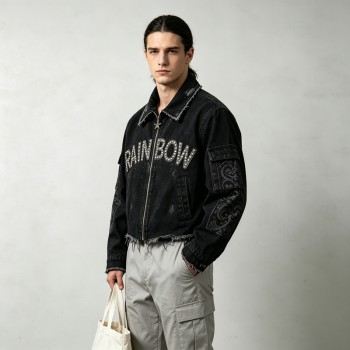 Applique Rivet DTG Print Washed Distressed Crop Canvas Jacket | 100% Cotton twill | Custom Streetwear