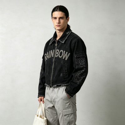 Applique Rivet DTG Print Washed Distressed Crop Canvas Jacket | 100% Cotton twill | Custom Streetwear