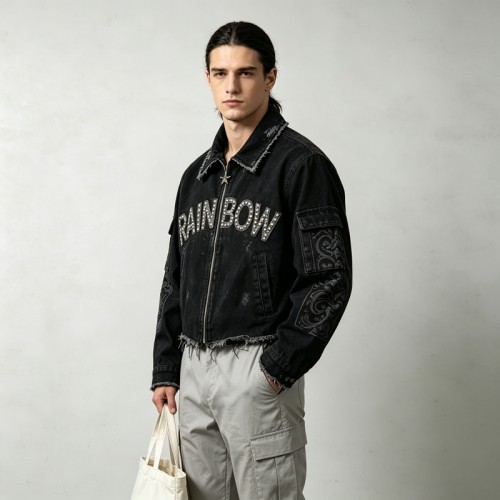 Applique Rivet DTG Print Washed Distressed Crop Canvas Jacket | 100% Cotton twill | Custom Streetwear