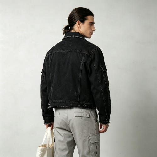 Applique Rivet DTG Print Washed Distressed Crop Canvas Jacket | 100% Cotton twill | Custom Streetwear