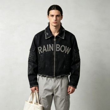 Applique Rivet DTG Print Washed Distressed Crop Canvas Jacket | 100% Cotton twill | Custom Streetwear