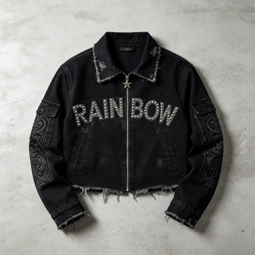 Applique Rivet DTG Print Washed Distressed Crop Canvas Jacket | 100% Cotton twill | Custom Streetwear