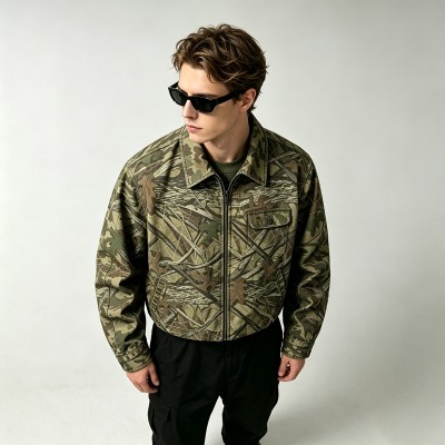 DTG Print Full Tree Leaf Camo Zip Front Canvas Jacket | 100% Heavyweight cotton twill workwear fabric | OEM Streetwear